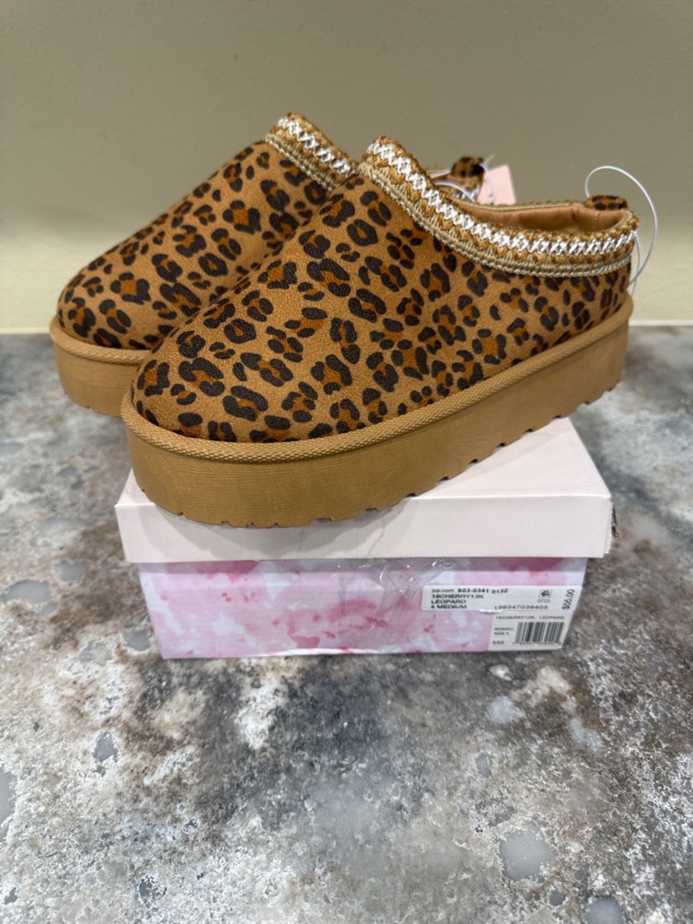 Girls Leopard Print Slip-On Platform Slippers in Tan